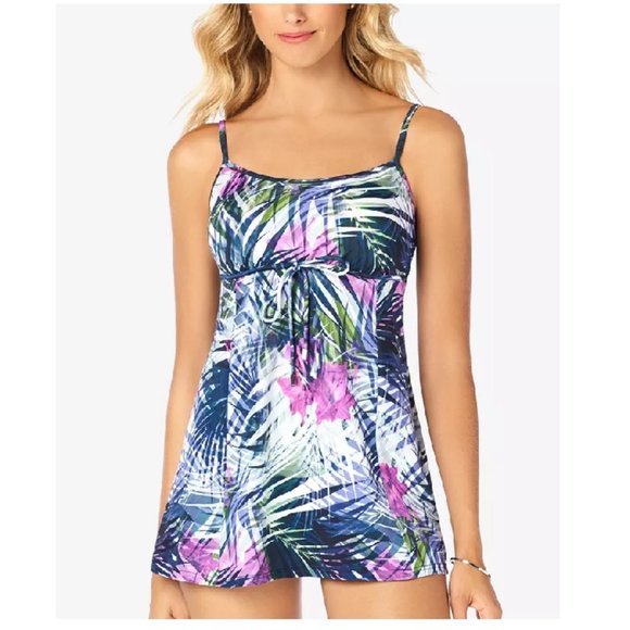 Swim Solutions Other - Swim Solutions Empire-Waist Printed Swimdress